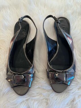 Burberry 38 Pewter Metallic Nova Check Sling-Back Peep-Toe Flats